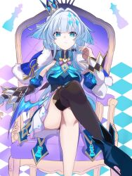 1girl black_thighhighs blue_cape blue_dress blue_eyes blue_hair breasts cape cerydra_(honkai:_star_rail) collared_dress commentary crossed_legs crown detached_sleeves dress foot_out_of_frame fur-trimmed_cape fur_trim gradient_hair grey_hair highres honkai:_star_rail honkai_(series) long_hair looking_at_viewer medium_breasts mini_crown multicolored_hair saint_laurent_paris single_thighhigh solo symbol-only_commentary thighhighs two-tone_hair