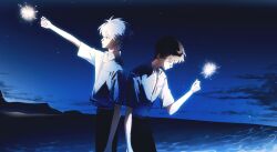 2boys arm_up belt black_pants blue_eyes breast_pocket brown_hair closed_mouth cloud collared_shirt commentary fengguai fireworks hair_between_eyes hashtag-only_commentary highres holding holding_fireworks ikari_shinji male_focus mountainous_horizon multiple_boys nagisa_kaworu neon_genesis_evangelion night night_sky ocean open_clothes open_shirt outdoors outstretched_arm pants pocket red_eyes school_uniform shirt shirt_tucked_in short_sleeves sky sparkler standing star_(sky) starry_sky tokyo-3_middle_school_uniform water white_hair white_shirt wing_collar