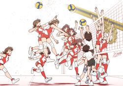 Rule 34 | 4girls, artist name, ball, bike shorts, black shorts, blonde hair, brown eyes, brown hair, closed mouth, commentary, dated, elbow pads, frown, girls und panzer, gym shirt, gym uniform, hair pulled back, hairband, headband, highres, isobe noriko, jumping, kawanishi shinobu, knee pads, kondou taeko, long hair, medium hair, motion blur, multiple girls, multiple views, open mouth, ponytail, red headband, red shirt, red shorts, red socks, running, sasaki akebi, satou yasu, sequential, shirt, shoes, short hair, short ponytail, short shorts, short sleeves, shorts, signature, single vertical stripe, sleeveless, sleeveless shirt, sneakers, socks, sportswear, standing, t-shirt, volleyball, volleyball (object), volleyball net, volleyball uniform, white hairband, white shirt, white shoes