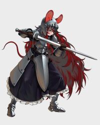 1girl absurdres animal_ears armor breastplate commentary full_body gemi_ningen gloves hair_between_eyes hair_ornament helmet highres holding holding_weapon long_hair mouse_ears mouse_tail plate_armor ratkin_(rimworld) red_eyes red_hair rimworld solo sword tail weapon white_background