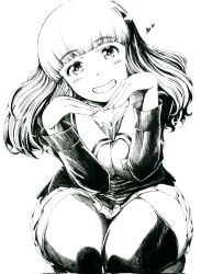 Rule 34 | 1girl, girls und panzer, heart, highres, jacket, long hair, looking at viewer, monochrome, ooarai school uniform, pantyhose, sawamin, school uniform, simple background, smile, solo, squatting, takebe saori, white background