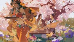 1girl 2boys arabian_clothes armlet bare_shoulders blue_sky bottle brown_eyes brown_hair character_request cherry_blossoms chinese_commentary choko_(cup) clothing_cutout commentary_request crop_top cup day diadem eyelashes eyeshadow facial_mark flower food forehead forehead_mark haori harem_outfit high_ponytail holding holding_bottle holding_tray jacket japanese_clothes jewelry lips long_hair looking_at_viewer makeup midriff multicolored_hair multiple_boys navel open_mouth orange_shawl outdoors pansy pants pink_flower ponytail purple_flower red_eyeshadow red_pants red_shirt sake_bottle shawl shirt sky sleeveless sleeveless_shirt smile spring_(season) table teeth thigh_cutout tray tree two-tone_hair upper_teeth_only walking watermark wavy_hair weibo_watermark white_hair white_jacket yanzhi_bai yi_meng_jianghu