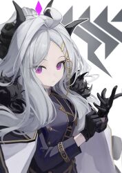 1girl absurdres ahoge armband black_coat black_gloves blue_archive blue_cat_(bilibili_3714474) blush breasts coat coat_on_shoulders demon_girl demon_horns gehenna_academy_logo gloves halo highres hina_(blue_archive) horns long_hair looking_at_viewer purple_eyes red_armband small_breasts solo white_hair