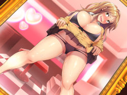 1girl bare_legs bikini bikini_top_only black_bikini blonde_hair blush breasts checkered_floor cleavage clothes_lift embarrassed female_focus groin highres huge_breasts kokuu_rikishi kyonyuu_de_muchimuchi_na_musuko_no_yome_o_netotte_yatta legs legs_apart long_hair looking_at_viewer mirror open_mouth original panties school_uniform skirt skirt_lift solo standing sweat swimsuit table thighs underwear yellow_eyes