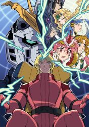 2boys 4girls armor belt black_armor black_belt black_hair blonde_hair blue_eyes blue_hair bodysuit breastplate char&#039;s_counterattack char_aznable circlet closed_eyes closed_mouth commentary_request covering_own_mouth crossover curtained_hair damaged emeraude_(rayearth) gloves green_hairband gundam hairband hanahiyo_(hoimin) hands_on_own_cheeks hands_on_own_face head_on_chest helmet highres holding_hands hououji_fuu jewelry long_hair magic_knight_rayearth mecha mobile_suit multiple_boys multiple_girls newtype_flash nu_gundam open_mouth parted_lips pauldrons red_bodysuit red_eyes red_hair robot ryuuzaki_umi shidou_hikaru short_hair shoulder_armor sitting tears tiara white_gloves zagato_(rayearth)