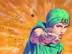 2boys concentric_circles foreshortening hat highres hood hoodie horseshoe_ornament johnny_joestar jojo_no_kimyou_na_bouken keiimajima02 lips male_focus multiple_boys outstretched_hand realistic red_eyes red_hair sleeveless star_(symbol) steel_ball_run tusk_(stand) tusk_act2