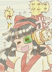 &gt;_&lt; 1girl ainu_clothes black_hair breasts closed_eyes dragonball_z fingerless_gloves gloves hair_ribbon highres long_hair nakoruru open_mouth parody ribbon samurai_spirits small_breasts snk the_king_of_fighters tongue