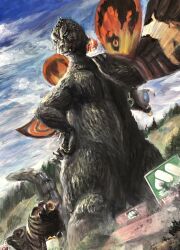 Rule 34 | bite mark, blue eyes, blue sky, bug, burger, caterpillar, cloud, cloudy sky, compound eyes, day, dinosaur, eating, flying, food, food on face, food wrapper, forest, g.n.a, giant, giant monster, godzilla, godzilla (series), hands on own hips, highres, hill, holding, holding food, insect, kaiju, ketchup, monster, moth, mother and child, mothra, mothra vs. godzilla, nature, no humans, no pupils, red eyes, restaurant, sea monster, siblings, sign, sky, tail, toho, tree, twins, wings