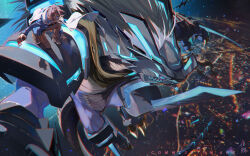 Rule 34 | 1boy, armor, black armor, blue eyes, blue shirt, blue sleeves, blurry, blurry background, bokeh, brown hair, brown pants, cape, character request, city, claws, commission, cporing, depth of field, digimon, digimon (creature), full body, glowing, highres, long sleeves, midair, night, on one knee, on shoulder, open mouth, outdoors, pants, parted bangs, shadow, sharp teeth, shirt, shoes, shoulder armor, signature, teeth, white cape, white hair