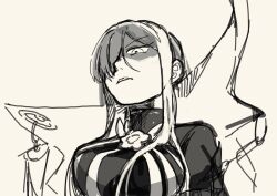 1girl black_bodysuit bodysuit breasts cape chain collared_cape crest family_crest fate/grand_order fate_(series) goma1021 greyscale hair_over_one_eye highres large_breasts long_hair looking_down monochrome oda_nobunaga_(fate) oda_nobunaga_(maou_avenger)_(fate) oda_uri popped_collar shaded_face simple_background solo white_background