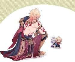 2boys ? anger_vein antenna_hair arm_tattoo armlet armored_boots back_tattoo black_coat black_pants blonde_hair blue_cape boots braid cape clawed_gauntlets coat crying flying_sweatdrops gold_armlet gold_necklace gradient_hair hair_between_eyes highres holding holding_sword holding_weapon honkai:_star_rail honkai_(series) jewelry kbutstrhy looking_at_another male_focus medium_hair multicolored_hair multiple_boys mydei_(honkai:_star_rail) necklace official_alternate_costume open_clothes open_coat pants phainon_(honkai:_star_rail) protecting red_cape red_hair red_shirt red_tattoo shirt short_hair side_braid side_cape slime_(creature) slime_(substance) squatting sword tattoo toned toned_male weapon white_coat white_hair yellow_eyes