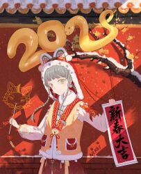1girl 2025 absurdres against_wall animal_ear_headwear animal_ears blunt_bangs braid branch chinese_clothes chinese_commentary chinese_new_year chinese_zodiac closed_mouth commentary_request copyright_name cowboy_shot day earrings eyelashes fake_animal_ears flower fur-trimmed_headwear fur-trimmed_vest fur_scarf fur_trim green_eyes grey_hair hair_rings happy hat highres holding holding_scroll hutou_hat infinity_nikki jewelry long_hair long_sleeves looking_at_viewer meki_(user_htuv4235) momo_(nikki) new_year nikki_(series) outdoors pom_pom_hat_ornament red_hat red_skirt scarf scroll shirt skirt smile snow snowing solo sphere_earrings tassel twin_braids vest white_scarf white_shirt year_of_the_snake yellow_flower yellow_vest