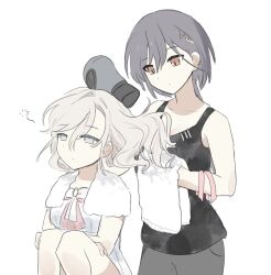 Rule 34 | 2girls, bare shoulders, black pants, black tank top, blue eyes, bow, ceras yanagida lilienfeld, ceras yanagida lilienfeld (summer loungewear), churhami, closed mouth, collarbone, commentary, dress, dress bow, drying, drying another&#039;s hair, drying hair, edel note, grey hair, hair dryer, hair intakes, hair ornament, half-closed eyes, highres, holding, holding hair dryer, holding towel, katsuragi izumi, katsuragi izumi (summer loungewear), knees up, link! like! love live!, love live!, multiple girls, official alternate costume, orange eyes, pants, pink bow, pink ribbon, ribbon, simple background, sitting, sleepy, squeans, standing, tank top, towel, towel around neck, triangle hair ornament, unworn ribbon, virtual youtuber, white background, white bow, white dress, wolf cut