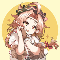 1girl :d ahoge arknights black_hat braid commentary_request earrings feather_earrings feathers fingerless_gloves gloves haku_(grimjin) hat highres jewelry long_hair looking_at_viewer open_mouth own_hands_clasped own_hands_together pink_eyes pink_hair pointy_ears rose_salt_(arknights) shirt simple_background single_fingerless_glove smile solo sparkle upper_body white_shirt yellow_background