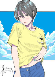 1girl absurdres black_hair blue_pants blue_sky breasts brown_eyes clothes_lift cloud cloudy_sky collarbone commentary cumulonimbus_cloud english_commentary green_nails hair_between_eyes hatching_(texture) highres linear_hatching looking_at_viewer medium_breasts midriff_peek nail_polish original pants shirt shirt_lift short_hair signature sky solo yellow_shirt yoshimizm