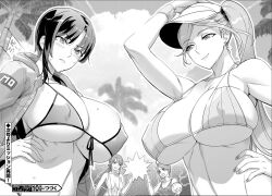 Rule 34 | 4girls, bikini, blush, breasts, cleavage, covered erect nipples, earrings, front-tie bikini top, front-tie top, hat, huge breasts, jewelry, momokino yuu, monochrome, multiple girls, sagiri yuuko, satou shouji, sideboob, summer, sweat, swimsuit, triage x, underboob