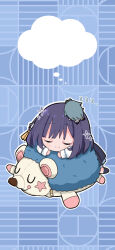2girls absurdres blank_speech_bubble blue_background blush_stickers chibi chibigurumi commentary_request gakuen_idolmaster hataya_misuzu hatsuboshi_gakuen_school_uniform highres idolmaster leaning_on_object mole mole_under_mouth multiple_girls nyanguru outline patterned_background purple_hair school_uniform sleeping smile sparkle speech_bubble stuffed_hedgehog tsukimura_temari white_outline zzz