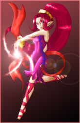 1girl bodysuit bracelet dancing dark_skin dark-skinned_female din feet female_focus jewelry legs long_hair lots_of_jewelry magic nintendo pointy_ears red_eyes red_hair sandals smile solo the_legend_of_zelda the_legend_of_zelda:_oracle_of_seasons toes