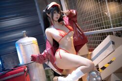 Rule 34 | 1girl, asian, bikini, black hair, box, breasts, brown eyes, cardboard box, chinese (nationality), chunmomo0127, hat, heart pasties, highres, indoors, jacket, lamp, long hair, looking at viewer, mcdonald&#039;s, mcdonald&#039;s bikini, medium breasts, navel, pasties, photo (medium), real life, red bikini, red hat, red jacket, red lips, shiny skin, socks, standing, standing on one leg, stomach, swimsuit, thighs, twintails, v, white socks
