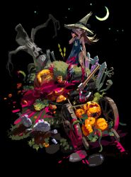 1girl apron axe black_background black_ribbon blue_footwear brown_hair rabbit crescent_moon fence fuwata grass grave hat highres leaf long_hair looking_at_viewer moon night original plant pumpkin red_eyes ribbon rock simple_background splatter star_(sky) teeth tombstone tongue tongue_out tree branch vines wheel wheelbarrow witch_hat zombie