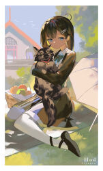 1girl absurdres animal apple black_cat blue_eyes brooch brown_coat brown_hair cat clynxen coat collar food fruit highres hod_(project_moon) holding holding_animal holding_cat house jewelry library_of_ruina long_hair mary_janes outdoors over-kneehighs picnic_basket picnic_blanket project_moon shoes sitting smile thighhighs umbrella wariza
