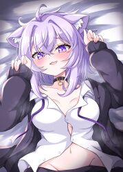 1girl absurdres animal_ears black_cardigan breasts cardigan cat_ears cat_girl highres hololive large_breasts looking_at_viewer lying mochizuki_hull navel nekomata_okayu nekomata_okayu_(oversized_shirt) official_alternate_costume on_back open_mouth purple_eyes purple_hair purple_ribbon ribbon shirt smile solo virtual_youtuber white_shirt