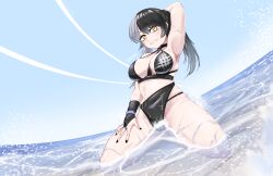 1girl absurdres arm_up armpits between_breasts bikini black_bikini black_hair black_nails breasts grey_hair highres hololive hololive_english kneeling large_breasts long_hair multicolored_hair ponytail shiori_novella shnizbit solo split-color_hair strap_between_breasts swimsuit two-tone_hair virtual_youtuber water wet yellow_eyes