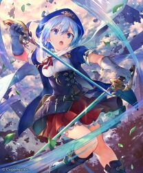 Rule 34 | 1girl, belt, belt buckle, black belt, black boots, blue eyes, blue hair, blue hat, blue jacket, blue sky, boots, breasts, buckle, character request, cloud, cloudy sky, commentary request, cropped jacket, day, dual wielding, en@rain, feet out of frame, gloves, hair between eyes, hat, highres, holding, holding sword, holding weapon, jacket, knees together feet apart, looking at viewer, medium breasts, open clothes, open jacket, open mouth, outdoors, pillar, puffy short sleeves, puffy sleeves, red ribbon, red skirt, ribbon, scarf, shadowverse, shadowverse: worlds beyond, shirt, short sleeves, skirt, sky, solo, sword, tower, v-shaped eyebrows, weapon, white gloves, white scarf, white shirt