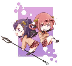 Rule 34 | &gt;:3, 2girls, :3, back-to-back, bafarin, bat hair ornament, black legwear, cardigan, charm (object), chibi, commentary request, demon girl, demon horns, demon wings, fang, fang out, floating, gabriel dropout, hair ornament, hair rings, horns, crossed legs, looking at another, multiple girls, necktie, open mouth, pink eyes, pleated skirt, polearm, purple background, purple eyes, purple hair, red hair, satanichia kurumizawa mcdowell, sidelocks, skirt, smile, topknot, trident, twitter username, v-shaped eyebrows, vignette tsukinose april, weapon, wings, x hair ornament