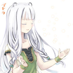 1girl animal_ears atla_fayon black_hair blind blunt_bangs blurry bokeh braid closed_eyes commentary_request cross-laced_clothes depth_of_field green_shirt hands_up highres lion_ears lion_girl long_hair low_twin_braids multicolored_hair open_mouth partial_commentary shirt short_sleeves simple_background smile solo streaked_hair tate_no_yuusha_no_nariagari twin_braids two-tone_hair white-aster white_background white_hair