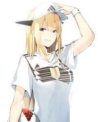 1girl 2018_fifa_world_cup adidas alternate_costume ball bismarck_(kancolle) blonde_hair blue_eyes breasts commentary female_focus fifa hair_between_eyes hat jersey kantai_collection long_hair looking_at_viewer medium_breasts meth_(emethmeth) peaked_cap smile soccer soccer_ball soccer_uniform solo sportswear standing telstar_18 upper_body world_cup