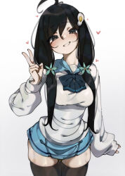 Rule 34 | 1girl, absurdres, ahoge, araragi tsukihi, arm at side, black eyes, black hair, black thighhighs, blue bow, blue bowtie, blue skirt, blush, bow, bowtie, breasts, closed mouth, commentary, cowboy shot, deko morii, egg hair ornament, flower, food-themed hair ornament, green flower, grin, hair between eyes, hair flower, hair ornament, hand up, heart, highres, legs together, long hair, long sleeves, looking at viewer, low twintails, medium breasts, monogatari (series), orokamonogatari, pleated skirt, school uniform, shirt, simple background, skirt, sleeves past wrists, smile, solo, standing, thighhighs, tsuganoki second junior high school uniform, twintails, v, white background, white shirt