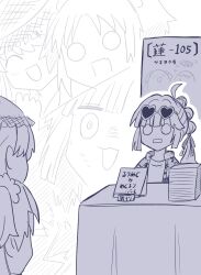 3girls :d @_@ ^_^ absurdres ahoge anyoji_hime blunt_bangs closed_eyes comiket empty_eyes eyewear_on_head fang flower fujishima_megumi greyscale hair_flower hair_ornament hair_ribbon hatching_(texture) hawaiian_shirt heart heart-shaped_eyewear highres link!_like!_love_live! long_hair love_live! manga_(object) mira-cra_park! monochrome multi-tied_hair multiple_girls open_clothes open_mouth open_shirt osawa_rurino parted_bangs ponytail rectangular_mouth ribbon shirt sidelocks skin_fang smile split_mouth sunglasses surprised sweat swept_bangs t-shirt table translation_request turn_pale twintails virtual_youtuber watage_modoki