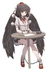 1girl absurdres bare_legs bird_wings black_skirt blush breasts brown_eyes brown_hair brown_wings camera chinese_commentary collared_shirt commentary_request commission cuffs feathered_wings frilled_skirt frills grey_shirt handcuffs hat highres looking_at_viewer mary_janes medium_hair miniskirt neck_ribbon pom_pom_(clothes) puffy_short_sleeves puffy_sleeves red_hat red_ribbon red_shoes ribbon sao7 shameimaru_aya shirt shoes short_sleeves simple_background skirt socks solo table tokin_hat touhou white_background white_socks wings