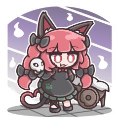 1girl animal_ear_fluff animal_ears black_bow black_dress bow braid cat_ears cat_girl chibi commentary dress fang full_body hair_bow heart heart_tail highres holding holding_skull kaenbyou_rin long_sleeves open_mouth outline side_braids skull solo tail touhou twin_braids wheelbarrow white_eyes white_outline yoriyori