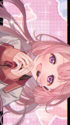 Rule 34 | 1girl, :d, artist name, black shirt, blurry, blurry background, blush, bow, bowtie, brown cardigan, cardigan, chromatic aberration, collared shirt, double-parted bangs, earpiece, hair between eyes, hands up, hashtag-only commentary, heart, highres, jacket, kaburagi (pnoir087), lapels, long hair, long sleeves, looking at viewer, low twintails, microphone, nijisanji, open clothes, open jacket, open mouth, own hands together, pink background, pink hair, plaid bow, plaid bowtie, plaid clothes, purple eyes, red bow, red bowtie, school uniform, selene girls school uniform, shirt, sidelocks, sideways, sleeves past wrists, smile, solo, sparkle, suo sango, suo sango (1st costume), teeth, twintails, twitter username, upper body, upper teeth only, virtual youtuber, watermark, white jacket