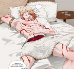 Rule 34 | ..., 1boy, abs, arm tattoo, armlet, bedroom, blonde hair, blurry, blush, boxer, braid, chest tattoo, closed eyes, commentary, depth of field, facial tattoo, gradient hair, hair between eyes, highres, honkai: star rail, honkai (series), jewelry, large pectorals, leg tattoo, lying, male focus, male underwear, medium hair, multicolored hair, muscular, muscular male, mydei (honkai: star rail), navel, on back, on bed, patreon username, pectorals, red hair, red male underwear, red tattoo, side braid, sleeping, solo, spoken ellipsis, symbol-only commentary, tattoo, topless male, underwear, yoma 0 0