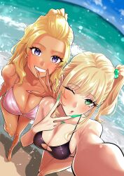 2girls absurdres artist_name beach bikini black_bikini blonde_hair breasts cleavage commentary_request fingernails green_eyes green_nails grin gyaru highres large_breasts long_fingernails multiple_girls ocean one_eye_closed original pink_bikini pink_nails purple_eyes selfie shiraishi_kouhei side_ponytail signature smile standing standing_on_one_leg swimsuit tan v v_over_mouth