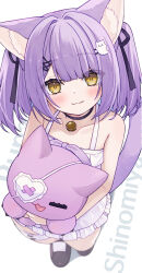 1girl :3 animal_ear_fluff animal_ears anku bare_arms bare_shoulders bell black_choker black_ribbon black_shoes blush breasts cat_ears cat_hair_ornament character_name choker closed_mouth collarbone dress eyelashes frilled_dress frills from_above full_body hair_ornament hair_ribbon holding holding_stuffed_toy jingle_bell looking_at_viewer medium_hair neck_bell purple_hair ribbon shinomiya_runa shoes short_dress sleeveless sleeveless_dress small_breasts smile solo stuffed_animal stuffed_cat stuffed_toy sundress twintails virtual_youtuber vspo! white_background white_dress yellow_eyes