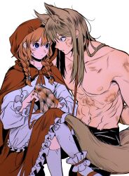 1boy 1girl abs animal_collar animal_ears apron arms_behind_back big_bad_wolf big_bad_wolf_(cosplay) black_pants blue_eyes bound bound_wrists bow bowtie braid brown_hair bruise bruise_on_face cloak closed_mouth collar collarbone commentary commentary_request cosplay dirty dirty_face dress eye_contact femdom frilled_sleeves frilled_socks frills g0nyag gintama grimm&#039;s_fairy_tales hair_between_eyes highres holding holding_leash hood hood_up hooded_cloak injury kagura_(gintama) leash little_red_riding_hood_(grimm) little_red_riding_hood_(grimm)_(cosplay) long_hair long_sleeves looking_at_another nipples okita_sougo orange_hair pants pectorals puffy_sleeves red_collar red_hood scratches shoes sitting sitting_on_person socks tail toned toned_male topless_male torn_clothes twin_braids white_apron white_background white_socks wolf_boy wolf_ears