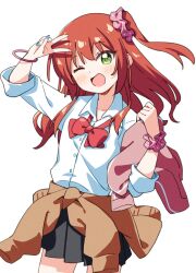 1girl ;d bangle black_skirt blush bocchi_the_rock! bow bowtie bracelet brown_jacket clothes_around_waist commentary cowboy_shot dot_nose green_eyes gyaru haru_(konomi_150) head_tilt highres jacket jacket_around_waist jewelry kita_ikuyo kogal long_hair long_sleeves looking_at_viewer loose_bowtie one_eye_closed one_side_up open_mouth pink_jacket pink_scrunchie pleated_skirt polka_dot polka_dot_scrunchie red_bow red_bowtie red_hair scrunchie shirt simple_background skirt sleeves_rolled_up smile solo unworn_jacket v white_background white_shirt wing_collar wrist_scrunchie