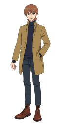1boy boots brown_boots brown_coat brown_hair coat denim full_body green_eyes gundam gundam_gquuuuuux hand_in_pocket highres jeans looking_at_viewer male_focus mole mole_under_mouth official_art pants short_hair simple_background solo standing transparent_background turtleneck xavier_olivette