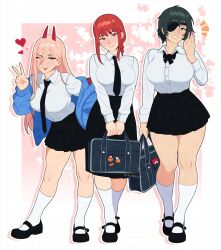 3girls :p alternate_breast_size alternate_costume bag black_bow black_bowtie black_necktie black_shoes black_skirt blue_jacket blush bow bowtie braid breasts celebelian chainsaw_man cherry_blossoms closed_mouth commentary demon_horns english_commentary eyepatch full_body green_eyes green_hair grid_background hair_between_eyes hand_up handbag heart highres himeno_(chainsaw_man) horns impossible_clothes impossible_shirt jacket large_breasts leaning_forward legs long_hair long_sleeves looking_at_viewer makima_(chainsaw_man) miniskirt multiple_girls necktie one_eye_closed orange_eyes pink_background pink_hair pleated_skirt power_(chainsaw_man) red_hair red_horns ringed_eyes school_bag school_uniform shirt shoes short_hair sidelocks skirt smile socks standing thick_thighs thighs tongue tongue_out v white_shirt white_socks