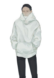 Rule 34 | 1boy, black hair, black pants, closed mouth, commentary request, feet out of frame, hands in pockets, hood, hood down, hoodie, long sleeves, male focus, nono (n0n0n0n0n 0), pants, short hair, simple background, solo, standing, toshi densetsu kaitai center, white background, white hoodie, yamada gasmask
