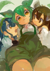 3girls absurdres blue_hair brown_hair commentary from_below green_hair green_hairband hair_between_eyes hairband headgear highres kaamin_(mariarose753) looking_at_viewer multiple_girls neck_ribbon open_mouth orange_eyes pink_ribbon ribbon shirt shorts suspender_shorts suspenders touhoku_kiritan touhoku_zunko voiceroid voicevox white_shirt zundamon