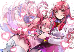 Rule 34 | 2girls, ahoge, blush, bow, bowtie, center frills, closed eyes, closed mouth, colored inner hair, frills, garter straps, green eyes, hair ribbon, hand on another&#039;s head, heart, highres, hug, long hair, mahjong fight girl, masahiro eto, miniskirt, mitsumoto cocoa, mitsumoto dia, mole, mole under eye, multicolored hair, multiple girls, open mouth, pink hair, pink ribbon, pink shirt, pink skirt, purple hair, purple skirt, red bow, red bowtie, ribbon, sailor collar, shirt, shoes, skindentation, skirt, smile, thighhighs, twintails, two-tone hair, very long hair, white shirt, white shoes, white thighhighs