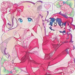 2girls :o alternate_hair_color arm_ribbon bare_shoulders blonde_hair blue_eyes blue_hair blush bound bound_wrists bow chii_(chi_pppuri) choker clenched_hand clenched_hands copyright_notice double_bun dress drop_shadow facing_viewer flower grid_background hair_bow hair_bun hand_on_own_cheek hand_on_own_face hands_up heart highres kanamori_maria kiratto_pri_chan kurokawa_suzu large_bow long_hair multiple_girls o_o parted_lips pink_dress pink_flower pretty_series raised_eyebrows red_bow red_choker red_ribbon ribbon short_hair sleeveless sleeveless_dress sweat two_side_up watermark wavy_hair wrist_bow