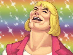 1boy bad_id bad_pixiv_id bishie_sparkle blonde_hair blunt_bangs closed_eyes collarbone eyebrows fabulous_secret_powers_(meme) he-man heaven_condition lips male_focus maou_alba masters_of_the_universe meme nose open_mouth portrait prince_adam rainbow_background shirt solo teeth vest white_shirt