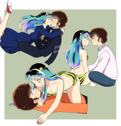 01angelegg 1boy 1girl animal_print black_hair black_jacket black_pants blue_hair blue_sailor_collar blue_serafuku blue_shirt blue_skirt border bra breasts brown_hair cleavage collarbone couple girl_on_top grey_background hetero highres hug imminent_kiss jacket kiss long_sleeves lum medium_breasts medium_skirt moroboshi_ataru multicolored_hair neckerchief orange_shirt outside_border panties pants pleated_skirt print_bra print_panties red_shoes sailor_collar sailor_shirt school_uniform serafuku shirt shoes short_hair skirt strapless strapless_bra striped_bra striped_clothes striped_panties sweater tiger_print underwear underwear_only urusei_yatsura white_border white_sweater wing_collar yellow_bra yellow_neckerchief yellow_panties