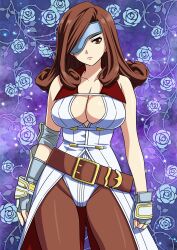 Rule 34 | 1girl, absurdres, beatrix (ff9), belt, breasts, brown eyes, brown hair, cleavage, curly hair, elbow pads, eyepatch, final fantasy, final fantasy ix, floral background, highleg, highres, large breasts, leotard, looking at viewer, loose belt, pantyhose, serious, single arm guard, single elbow pad, solo, standing, thigh gap, traditional media, yuuyuu (3jjbn)